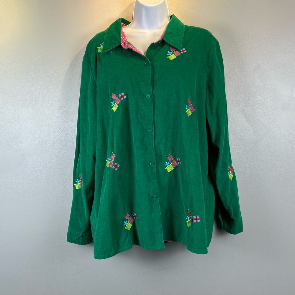 Quacker Factory Corduroy Shirt Womens XL Button Up Embroidered Holiday‎ Presents
